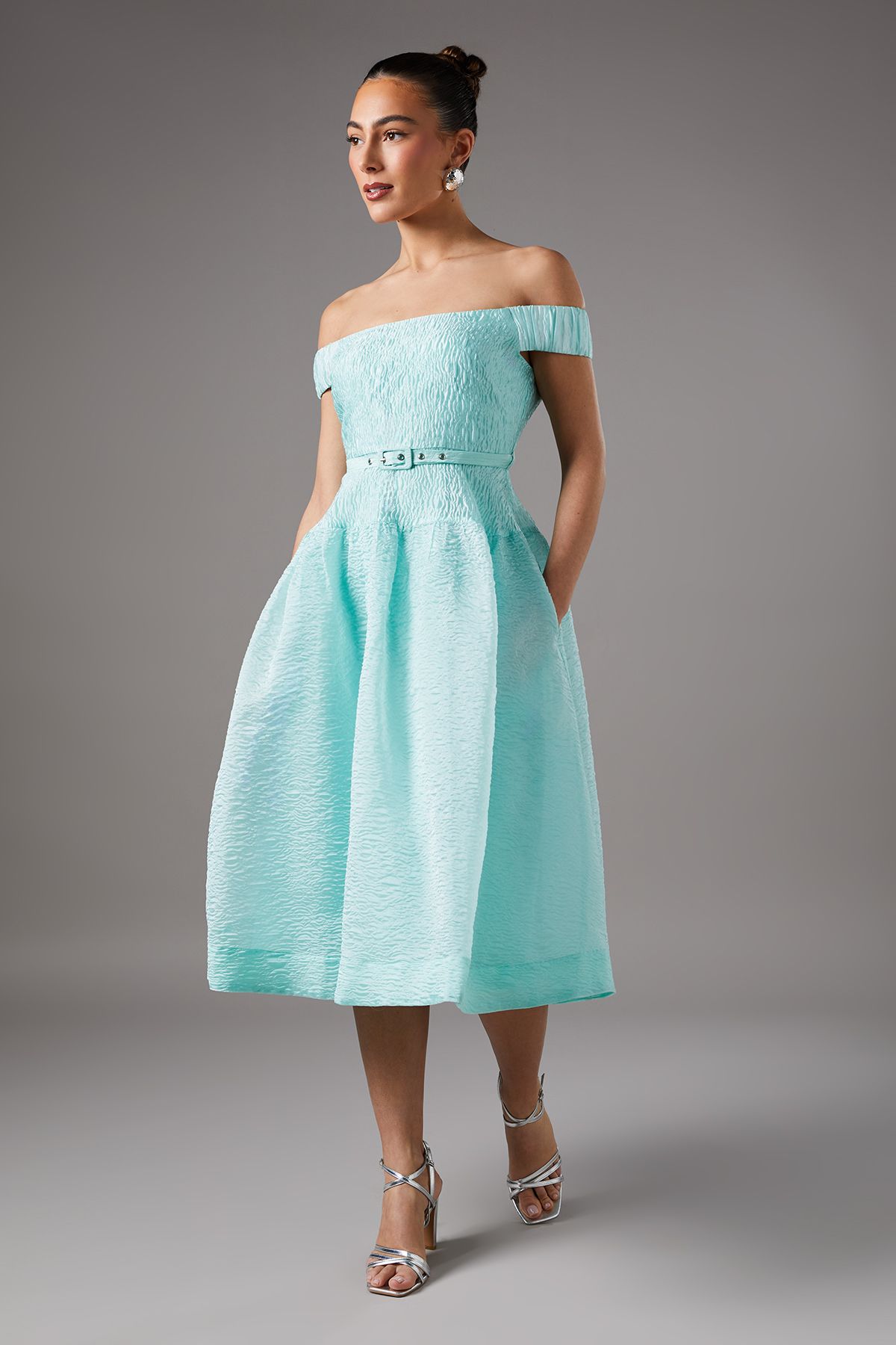 Coast Textured Off Shoulder Prom Dress Mint image 3