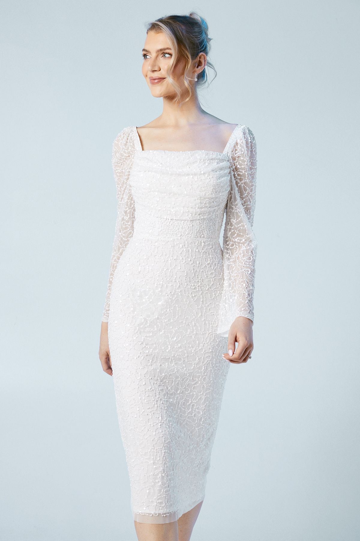Coast Sequin Flare Sleeve Column Wedding Midi Dress Ivory image 2