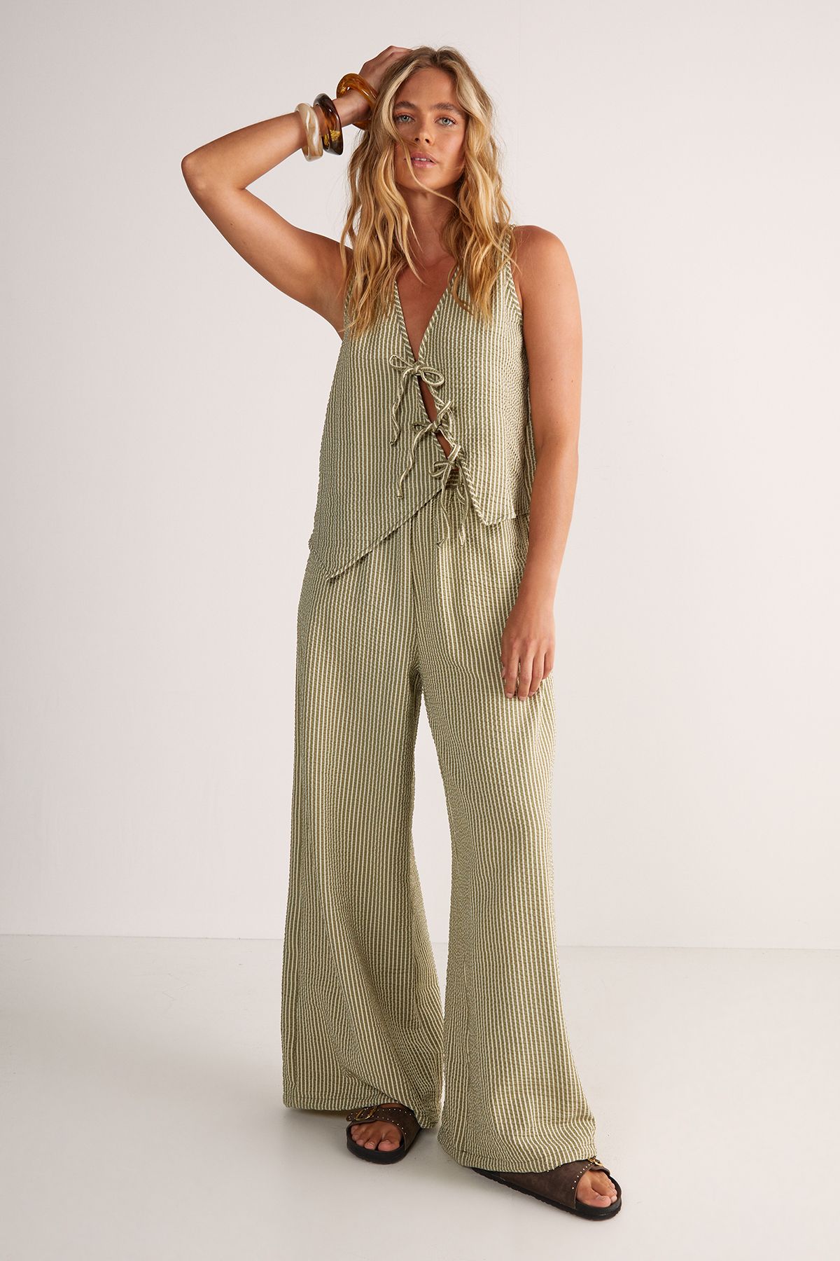 NastyGal Textured Stripe Wide Leg Pants Sage image 1