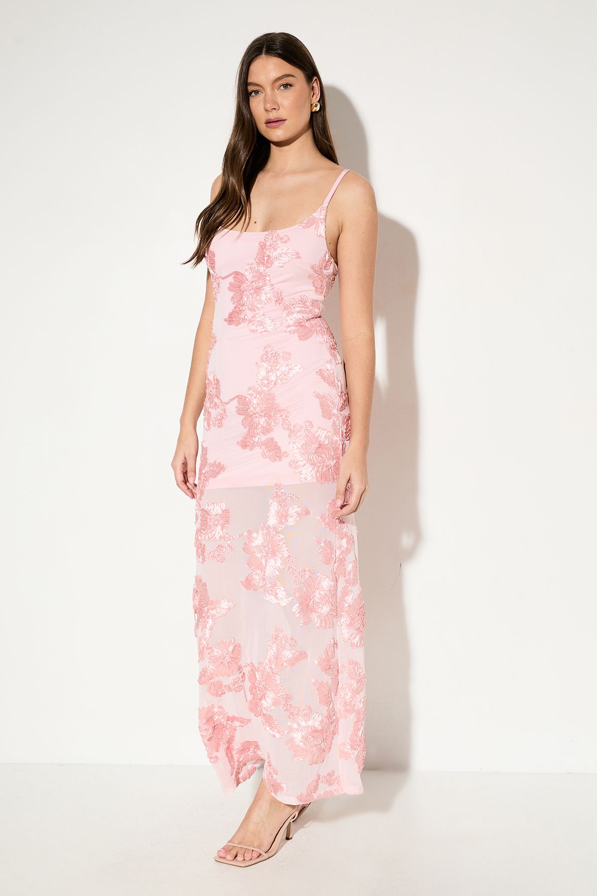 MissPap Floral Textured Sheer Scoop Neck Bias Maxi Soft Pink image 1