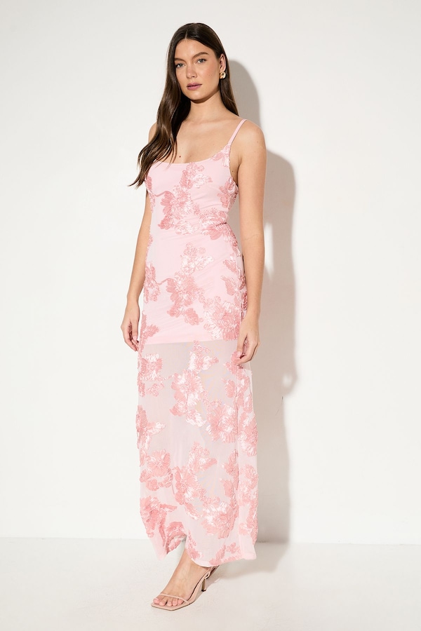 MissPap Floral Textured Sheer Scoop Neck Bias Maxi Soft Pink