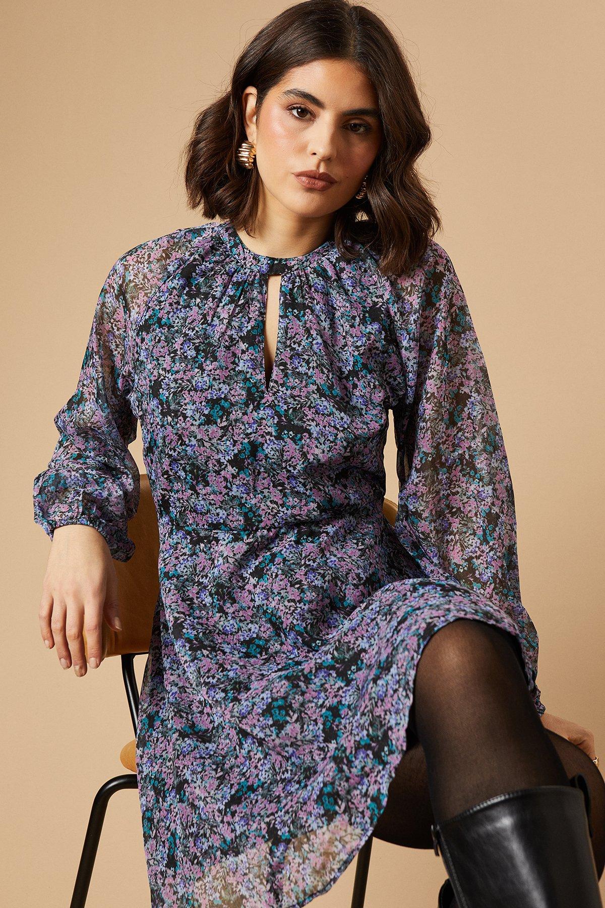 Oasis Ditsy Chiffon Keyhole Mini Dress image 4