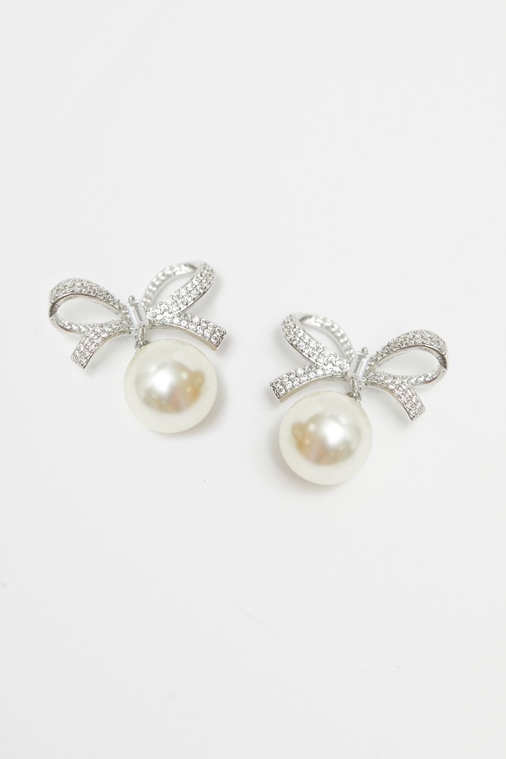 Jon Richard Rhodium Plated Cubic Zirconia Bow and Pearl Earrings image 2