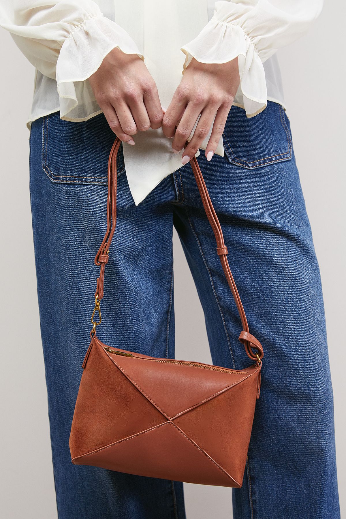 Oasis Taryn Faux Leather Mix Material Shoulder Bag Tan image 1