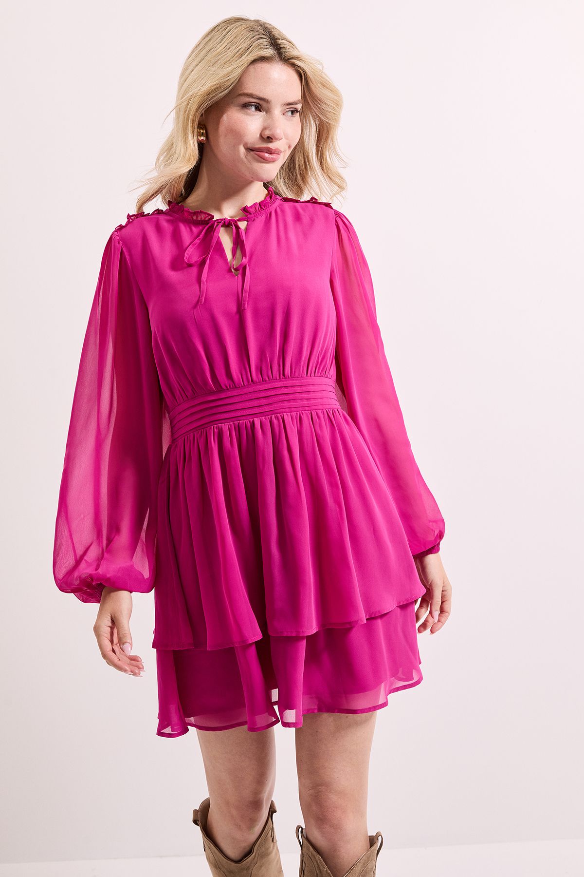 Dorothy Perkins Tie Neck Tiered Skirt Mini Dress Purple image 2