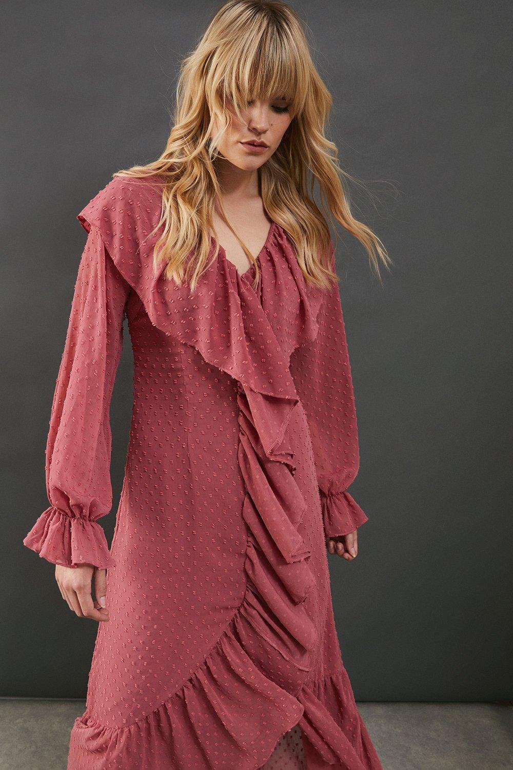 Warehouse Dobby Chiffon Ruffle High Low Hem Midi Dress Rose image 2