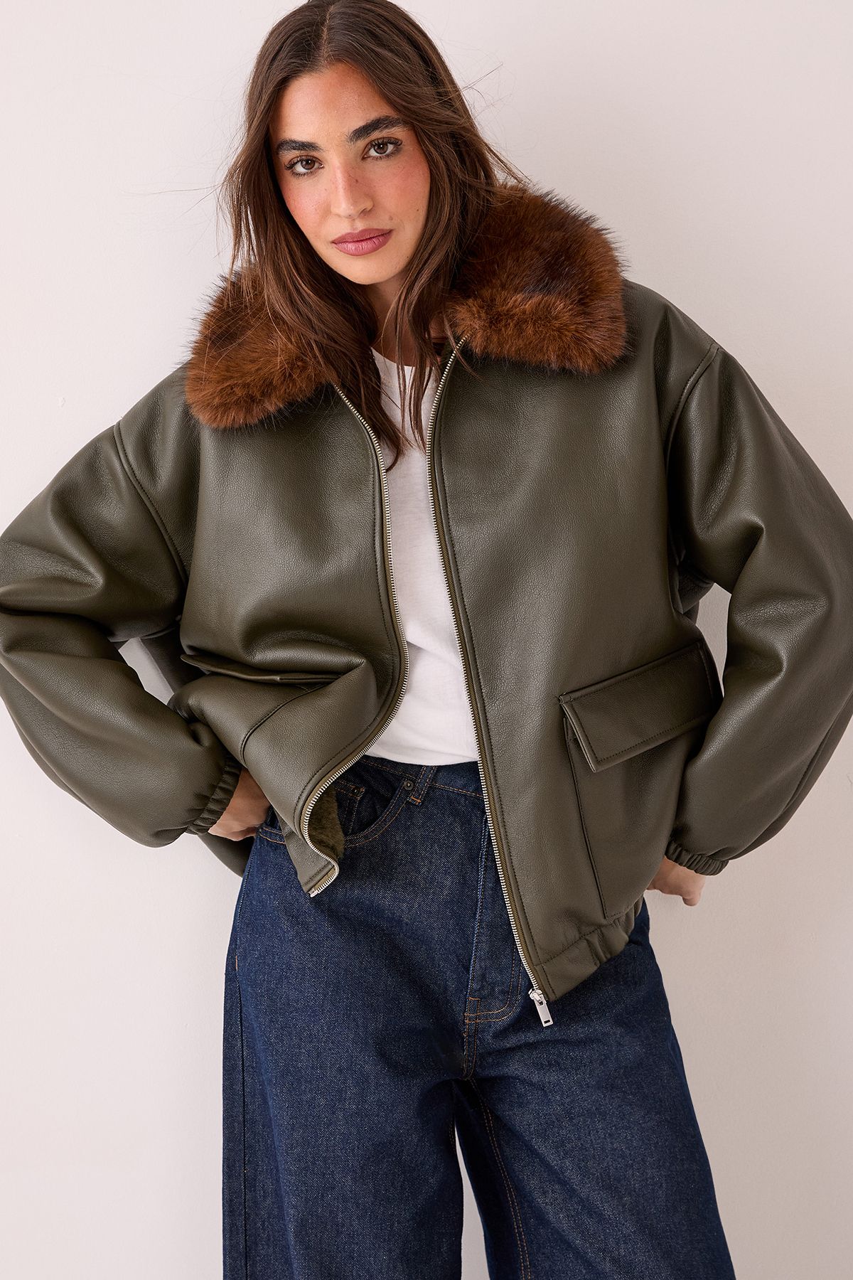 NastyGal PU Oversized Faux Fur Collar Bomber Jacket Khaki image 2