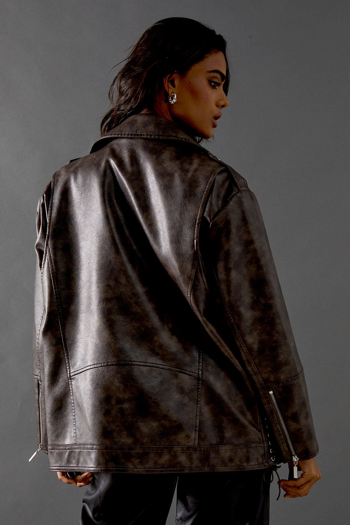 Warehouse Oversized Whipstitch Detail Leather Look Jacket Dark Grey image 3