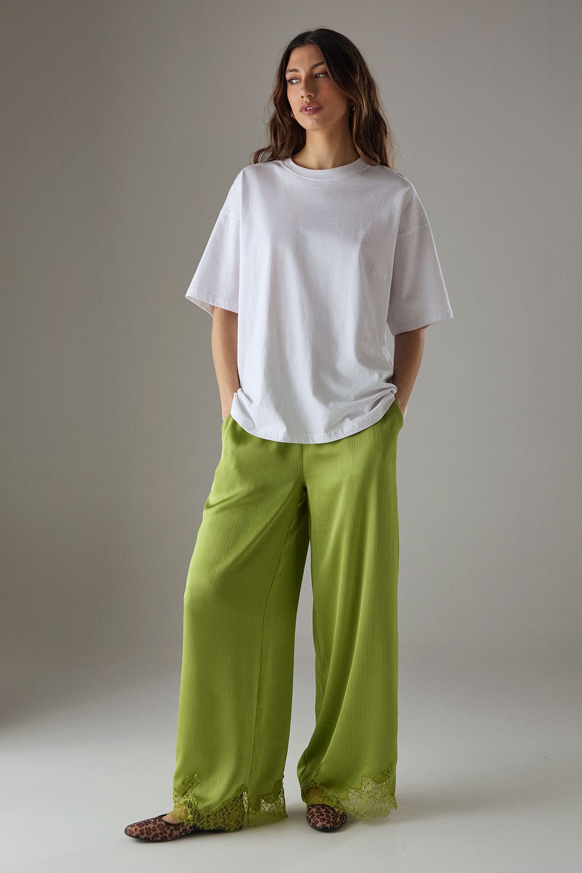 Warehouse Satin Lace Insert High Waisted Wide Leg Trousers Green image 3