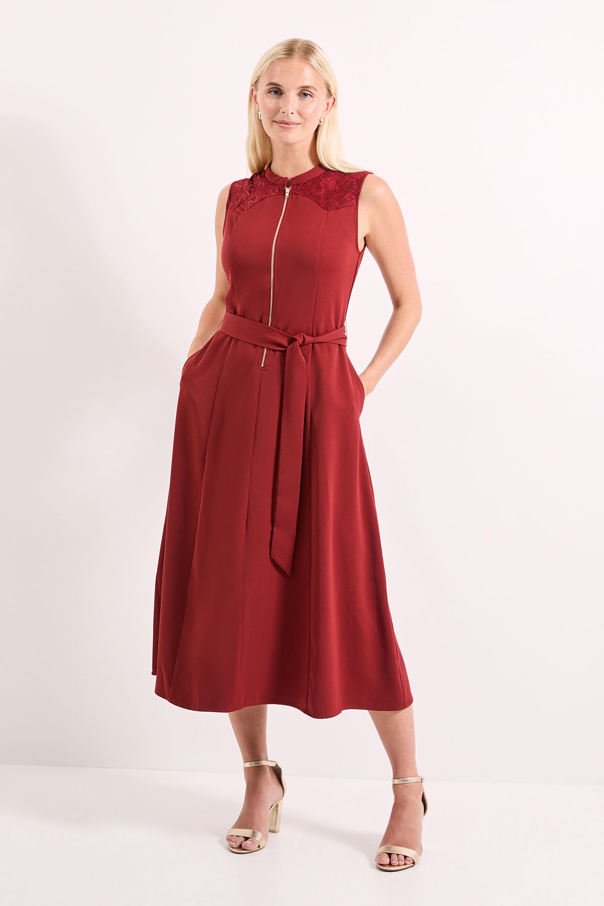 Principles Western Yoke Lace Detail Tie Waist Midi Dress Berry image 4
