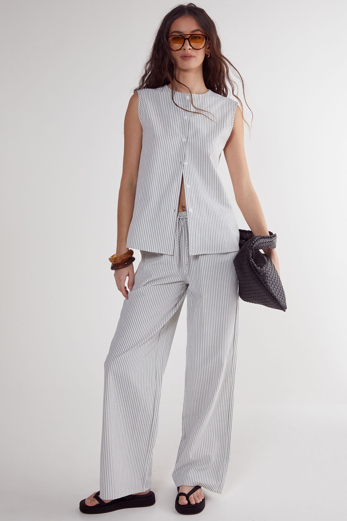 NastyGal Stripe Straight Leg Pant Ecru image 1