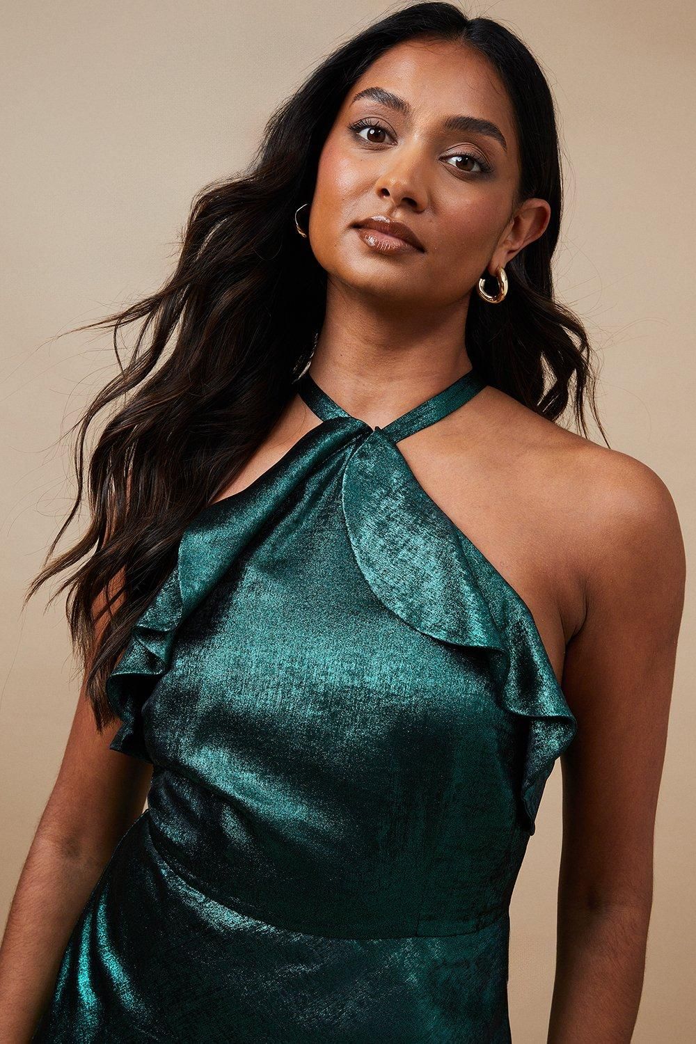 Oasis Foil Halterneck Ruffle Foil Midaxi Dress Green image 4