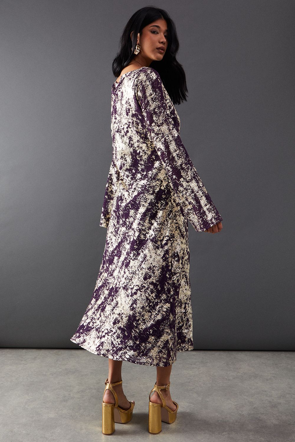 Warehouse Metallic Chiffon Slash Neck Bias Midi Dress Purple image 3