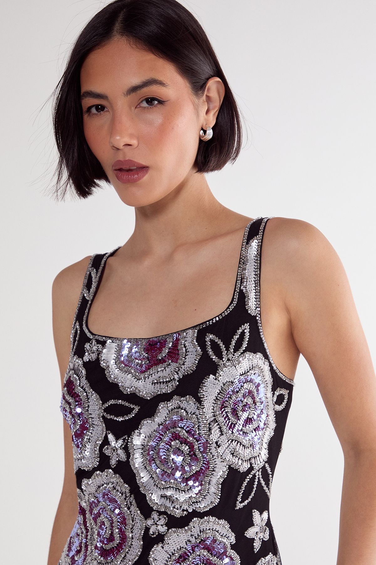 NastyGal Beaded Flower Sequin Mini Dress Black image 3