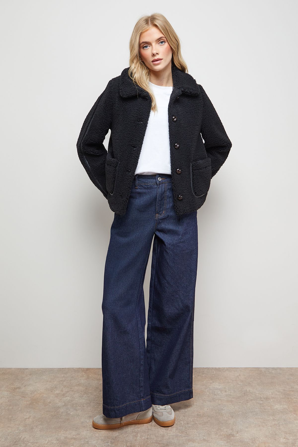 Oasis Teddy Shearling Button Through Short Jacket Black image 2