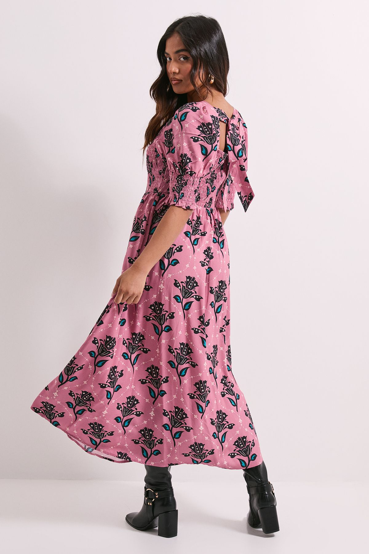 Dorothy Perkins Petite Pink Floral Shirred Bodice Puff Sleeve Square Neck Midi Dress Pink image 3