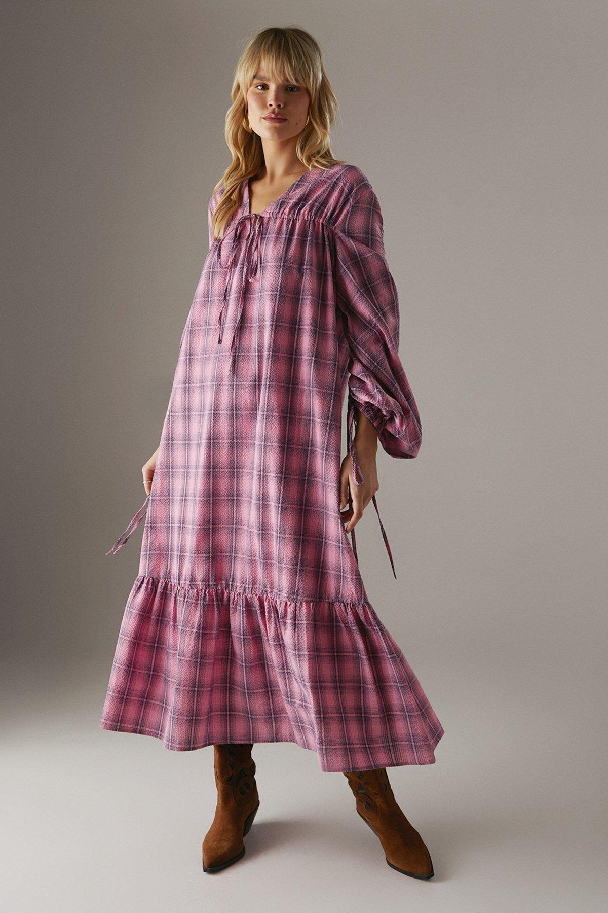 Warehouse Gathered Channel Detail Check Midi Smock Dress Pink