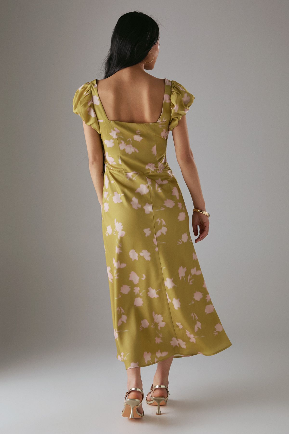 Warehouse Petite Satin Knot Front Cut Out Midi Dress Olive image 3