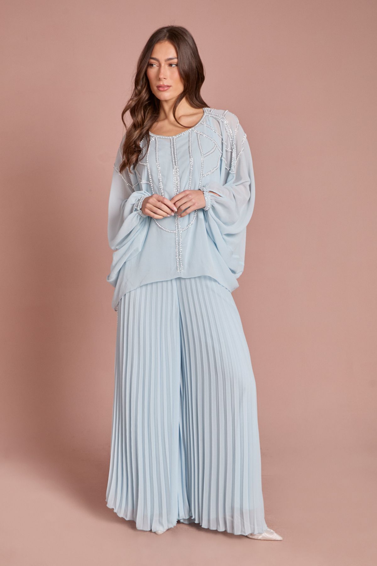 Coast Chiffon Pearl Detail Cape Sleeve Blouse Co Ord Light Blue