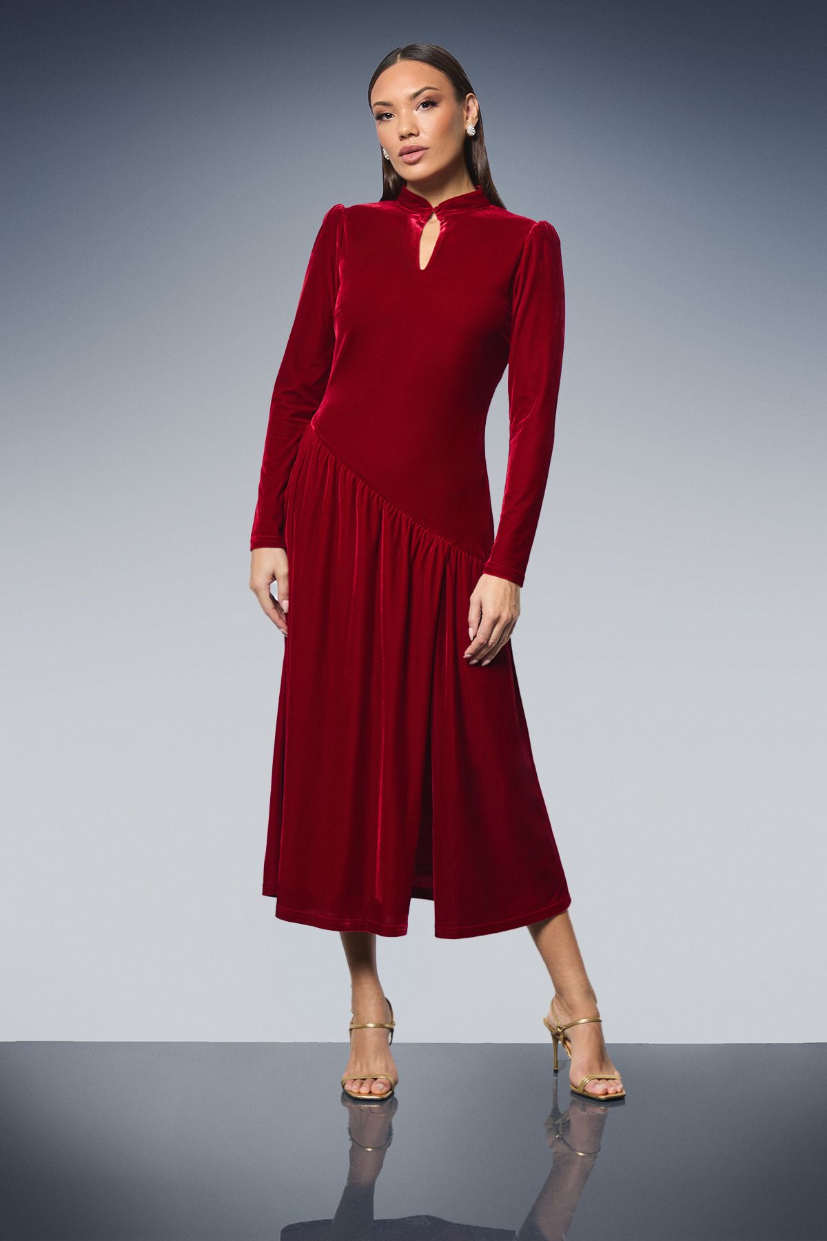 Principles High Neck Twist Keyhole Detail Velvet Midaxi Dress Olive image 1