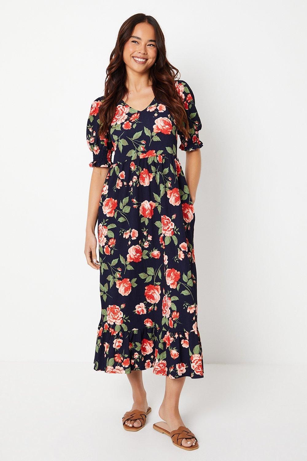 Dorothy Perkins Petite Navy Floral Tiered Jersey Midi Dress Navy