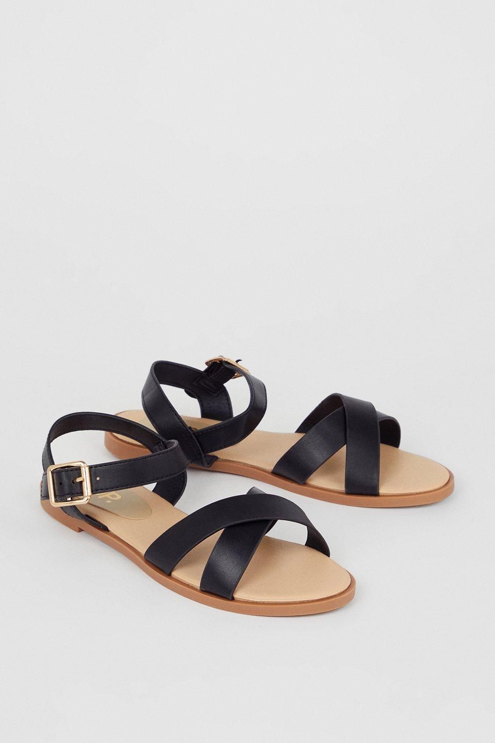 Dorothy Perkins Florence Faux Leather Cross Strap Flat Sandals Black image 3