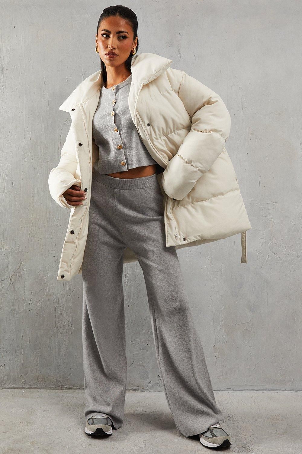 MissPap Tie Waist Midi Puffer Coat Cream image 4