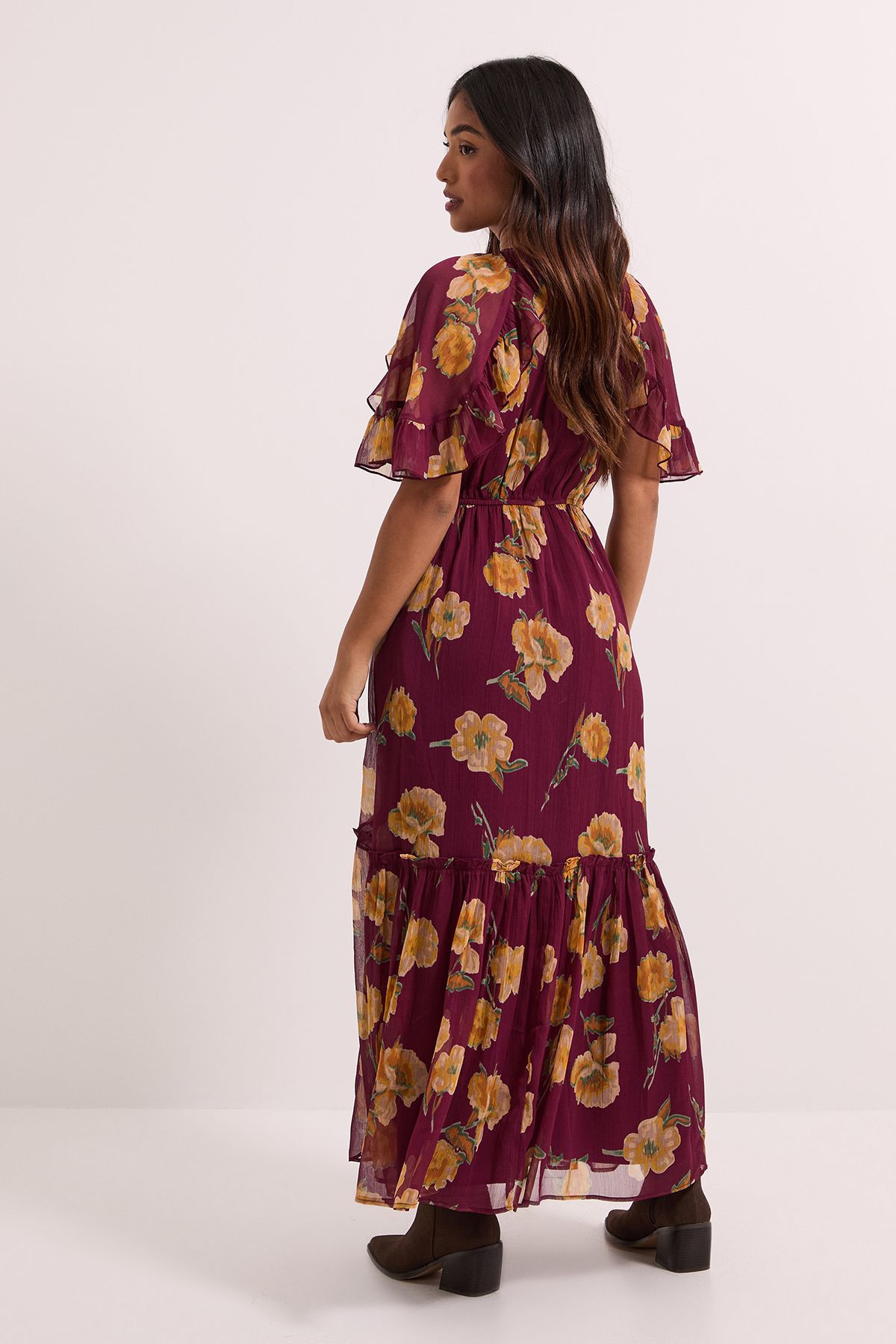 Dorothy Perkins Petite Brown Frill Cape Sleeve Tiered Printed Chiffon Midi Dress Brown image 4