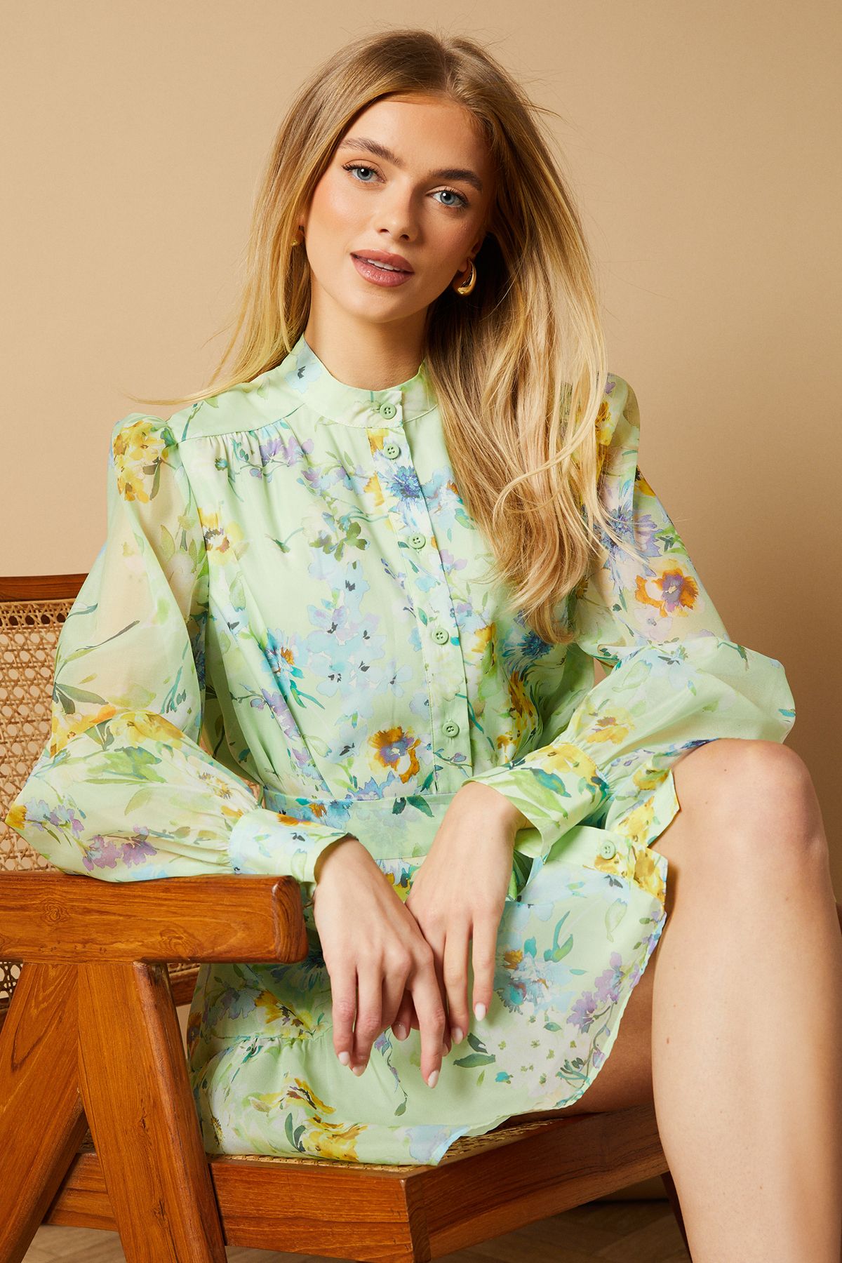 Oasis Sage Floral Organza Mini Shirt Dress Blue image 4