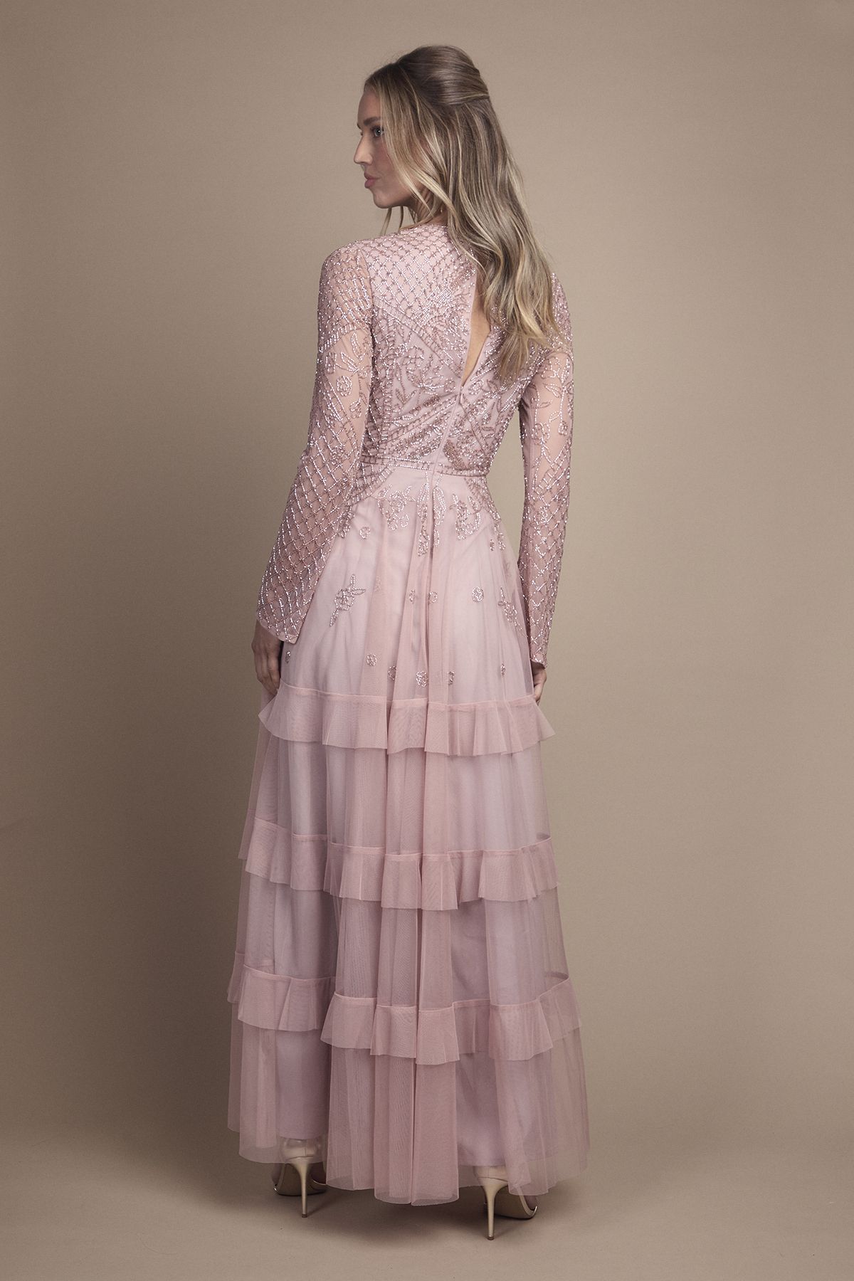 Coast Embellished Artwork Long Sleeve Tiered Bridesmaid Maxi Dress Dusty Rose image 4