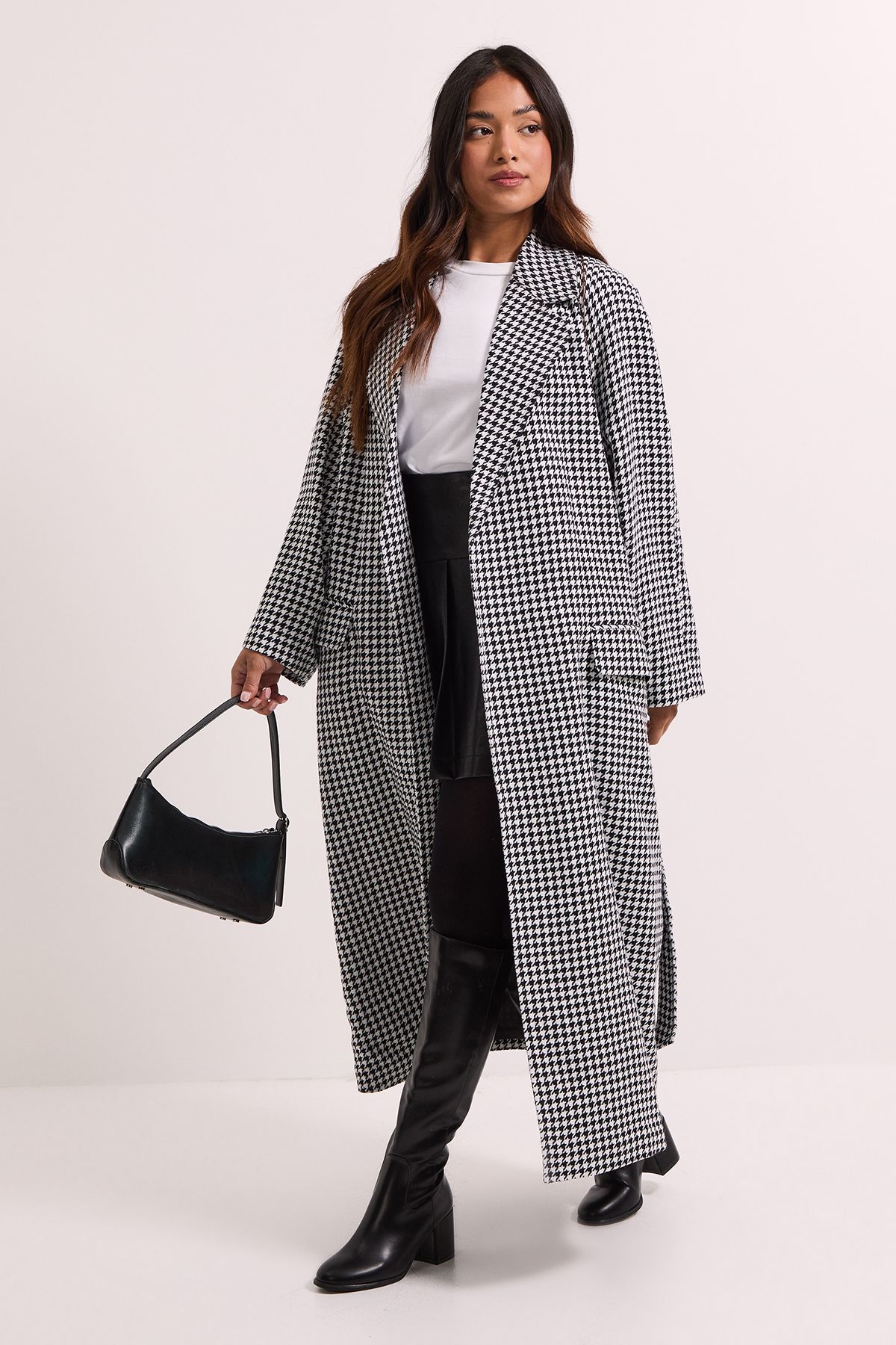 Dorothy Perkins Petite Dogtooth Midi Blazer Coat Mono image 1