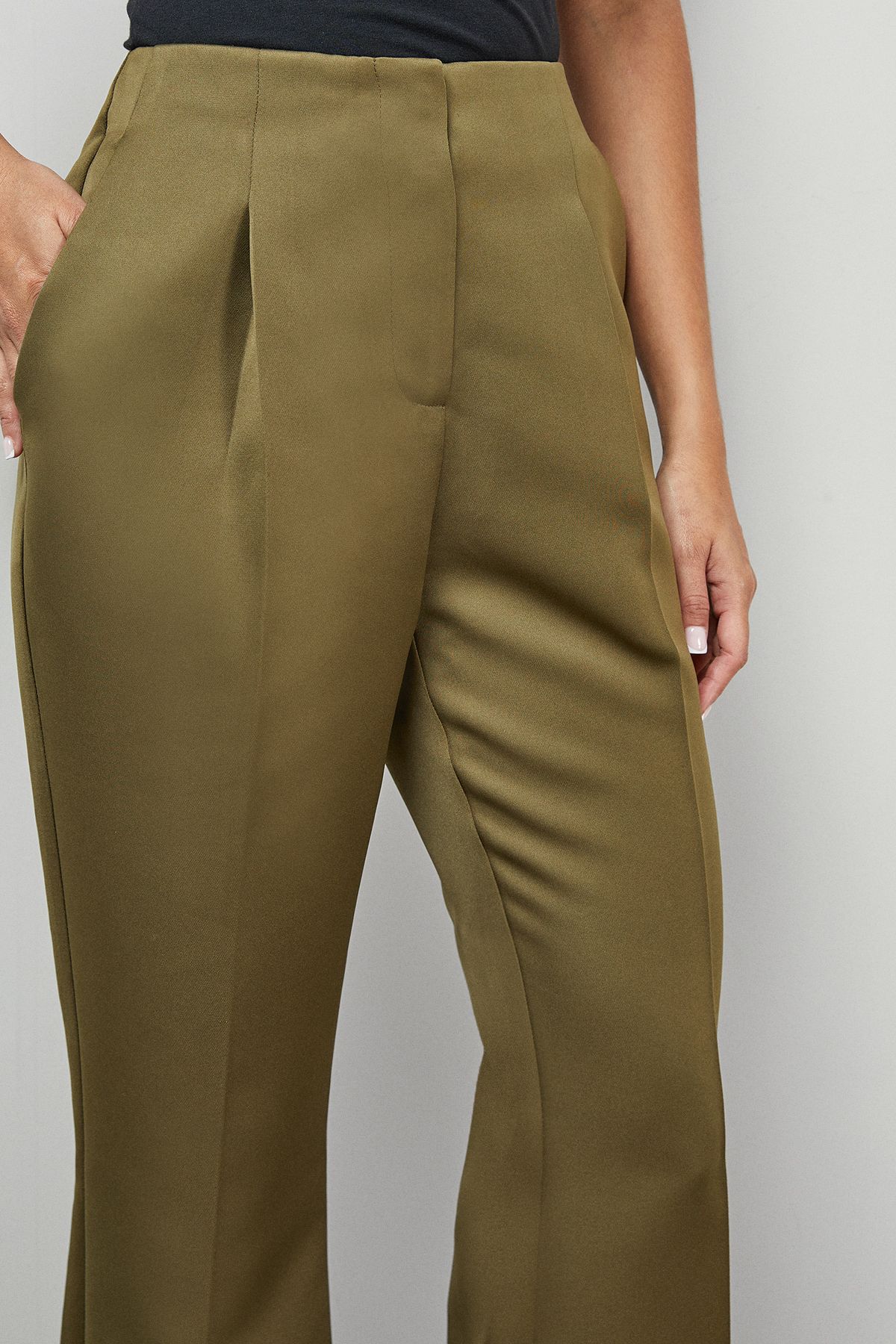 Warehouse Premium Satin Clean Waistband Flare Trousers Co-ord Olive image 4
