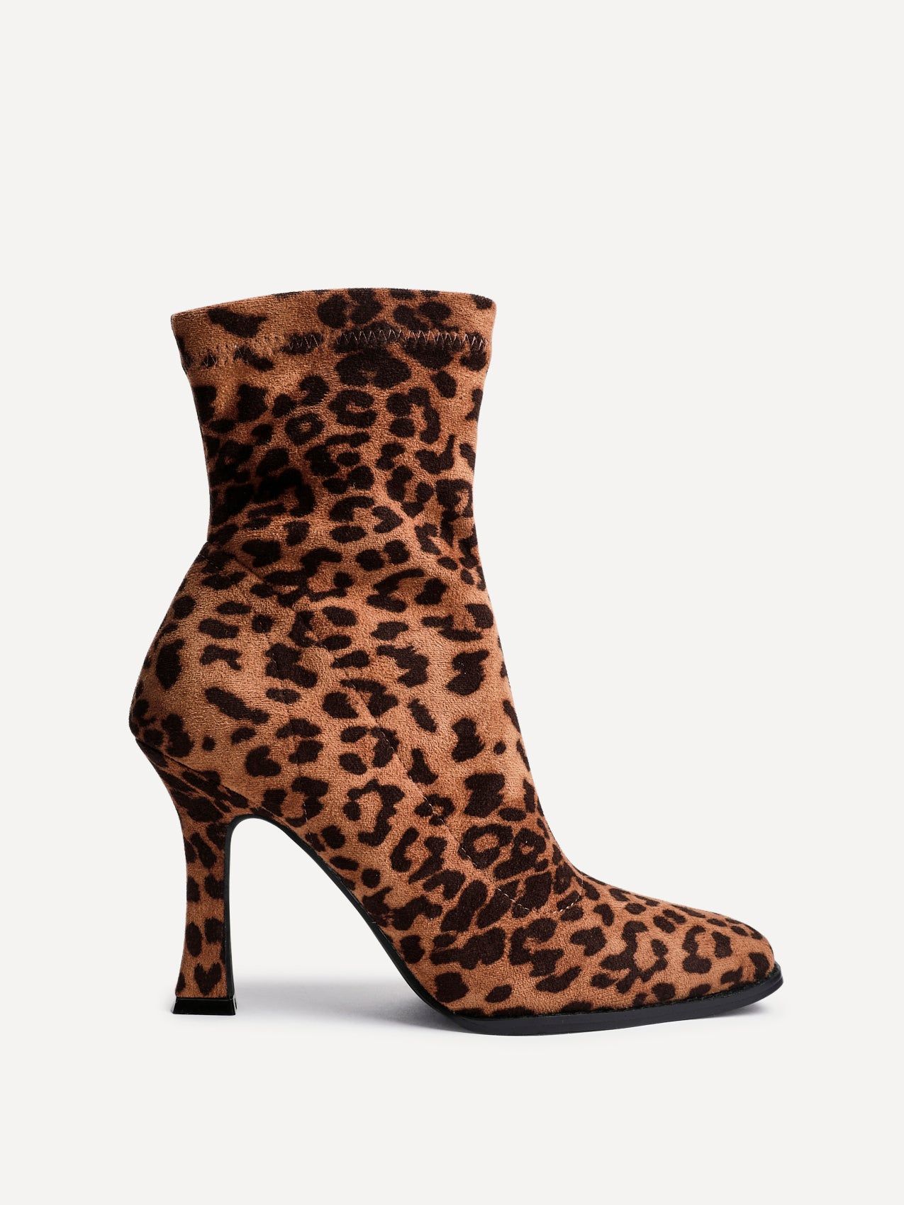 Linzi Noelle Leopard Print Square Toe Heeled Sock Boot