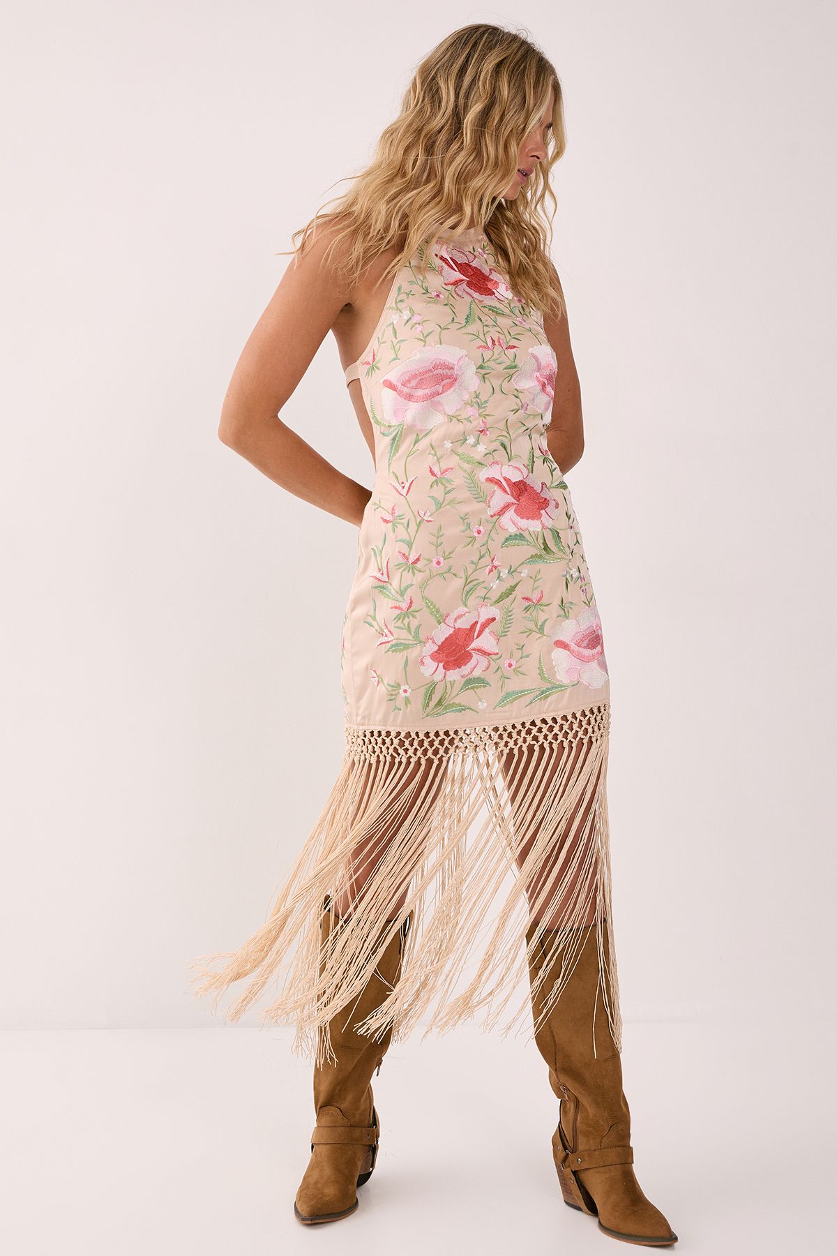 NastyGal Limited Hand Embroidered Beaded Halter Fringe Mini Dress Nude image 1