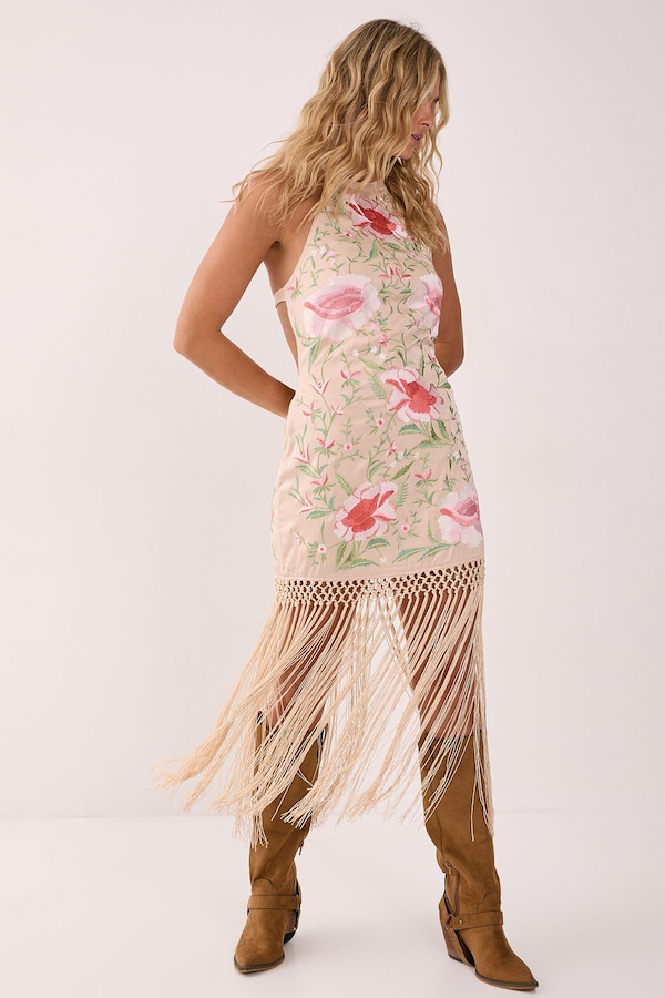 NastyGal Limited Hand Embroidered Beaded Halter Fringe Mini Dress Nude