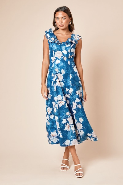 Dorothy Perkins DP Luxe Blue Floral Printed Jacquard Chiffon Ruffle Front Sleeveless Midi Dress Blue