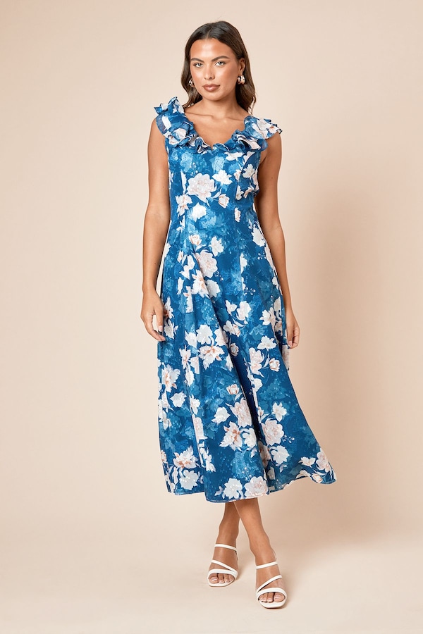 Dorothy Perkins DP Luxe Blue Floral Printed Jacquard Chiffon Ruffle Front Sleeveless Midi Dress Blue