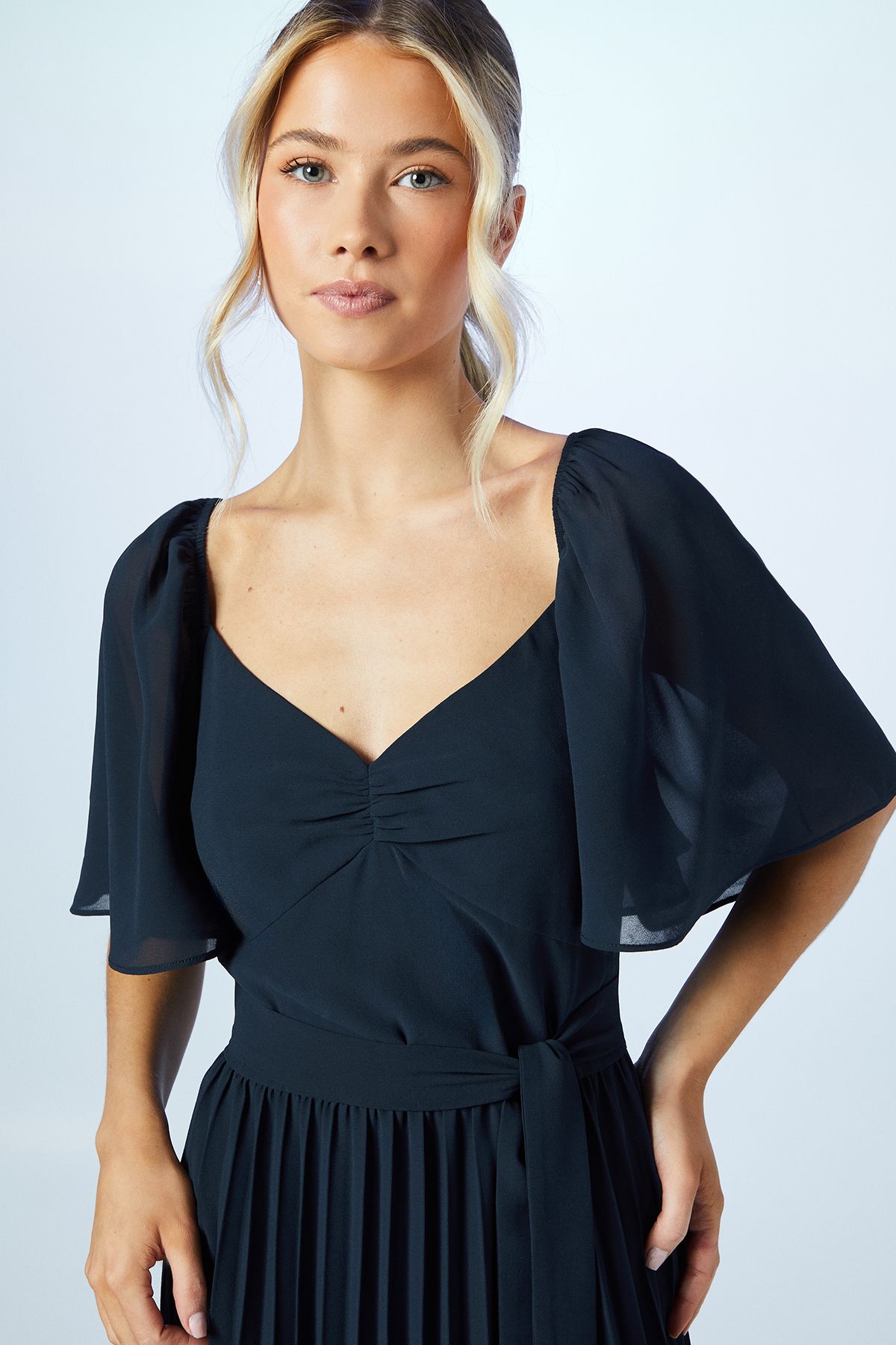 Coast Teen Pleated Georgette Angel Sleeve Bridesmaid Dress Navy image 3