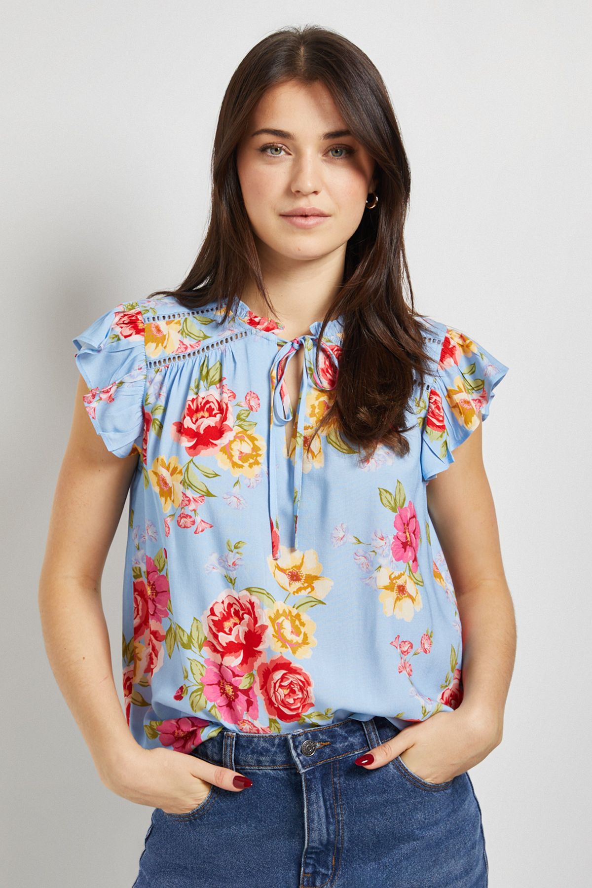 Dorothy Perkins Floral Lace Trim Tie Front Top Floral