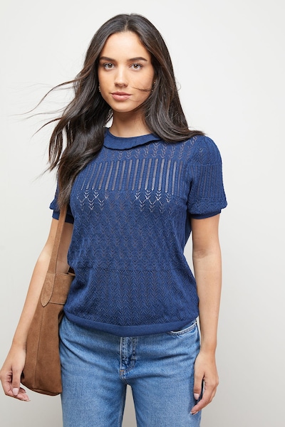 Oasis Puff Sleeve Ruffle Neck Short Sleeve Jumper Denim-blue
