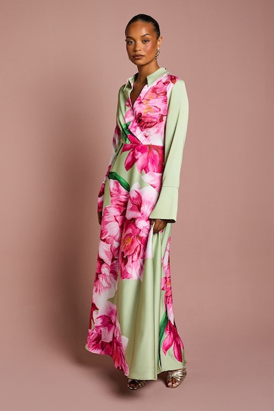 Coast Petite Placement Print Wrap Front Gown Sage