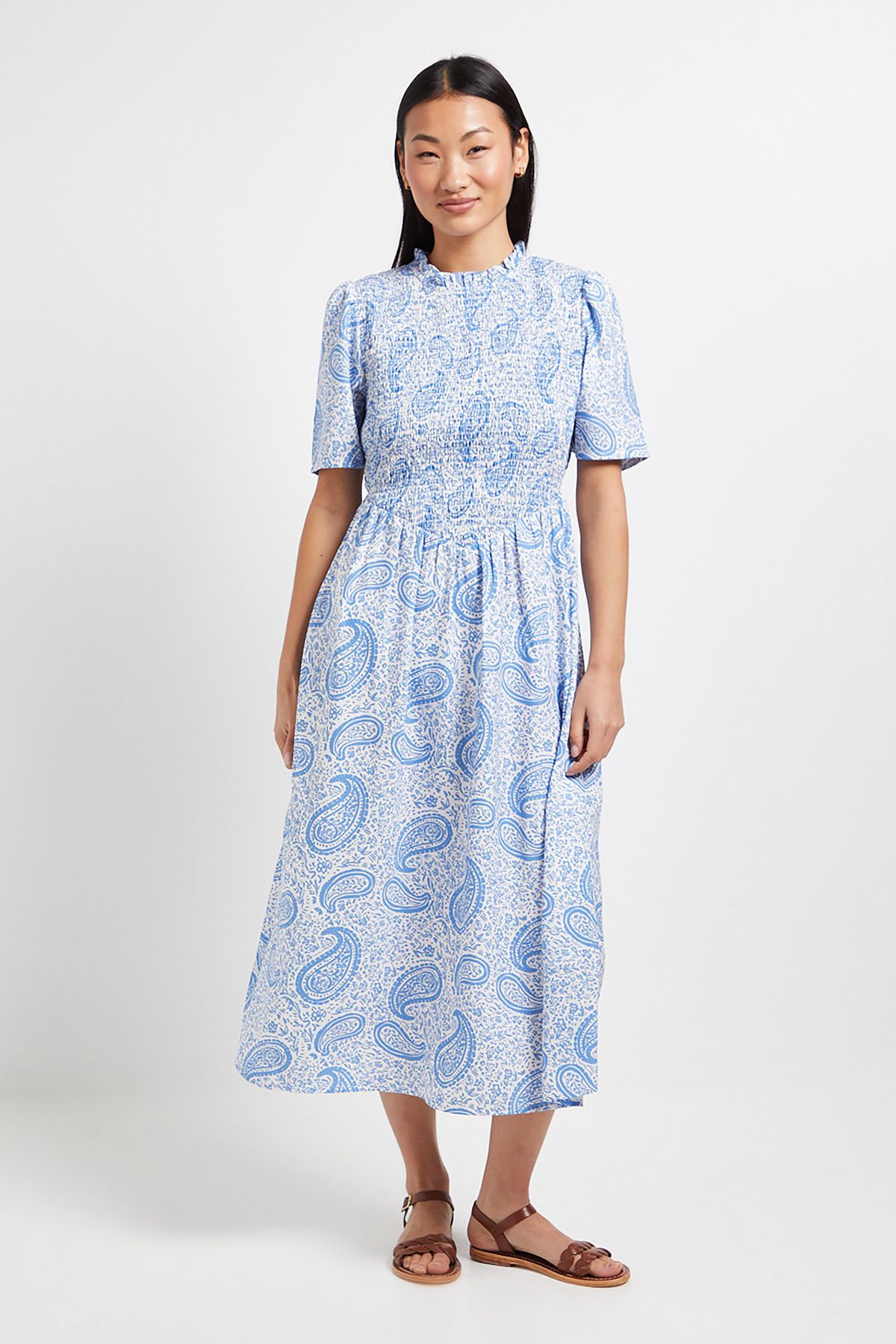 Dorothy Perkins Petite Paisley Shirred Bodice Drop Waist Midi Dress Blue