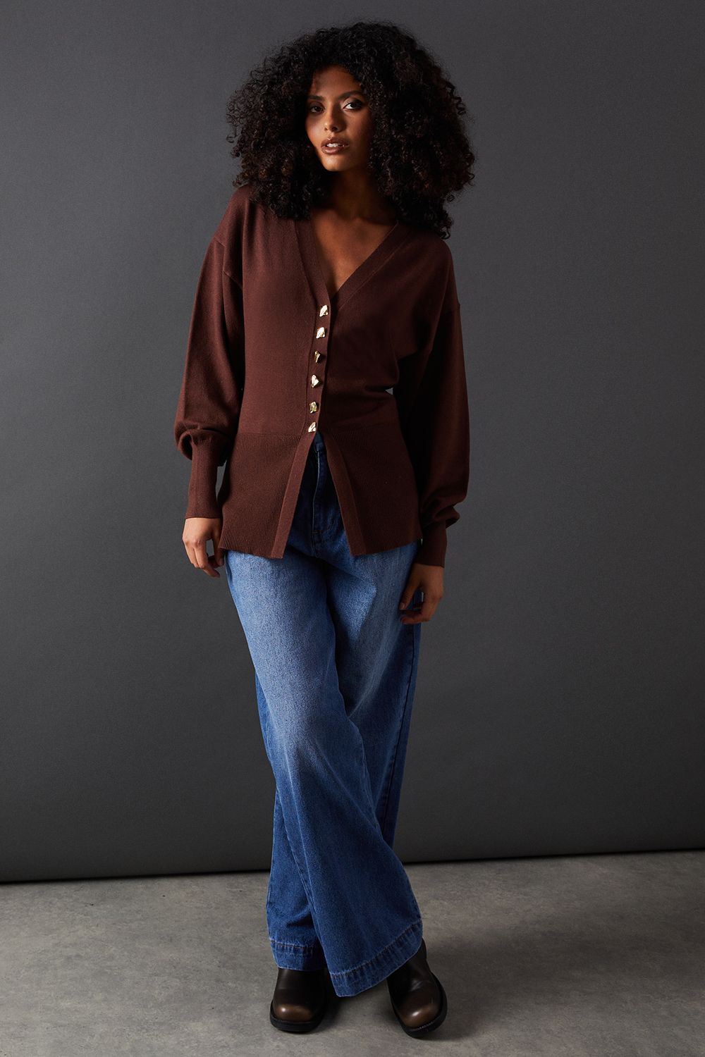 Warehouse Fit And Flare Plunge V Neck Cardigan Chocolate image 1