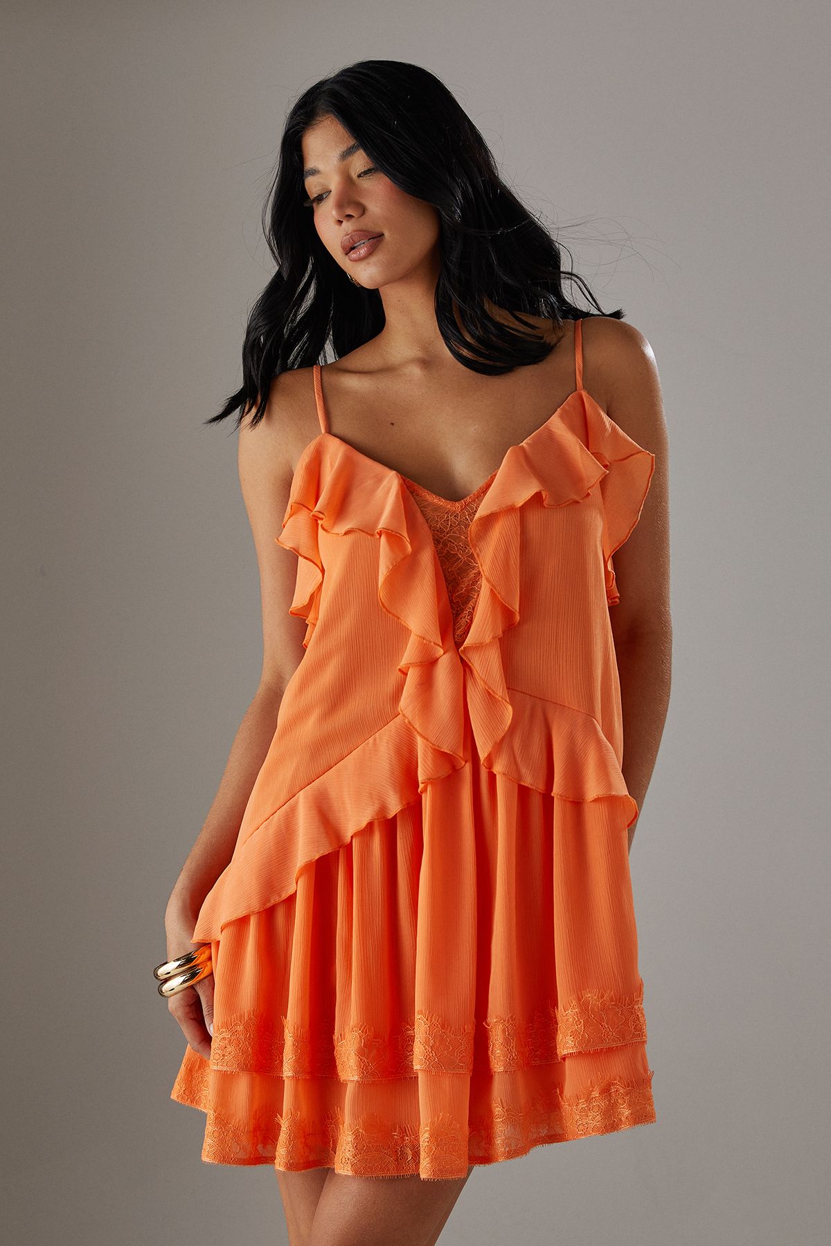 Warehouse Chiffon Strappy Lace Insert Smock Mini Dress Peach image 2