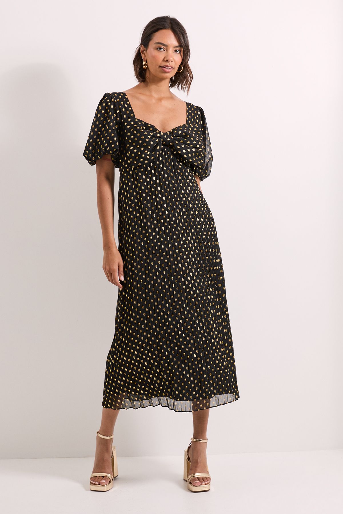 Dorothy Perkins DP Luxe Bow Front Puff Sleeve Metallic Midaxi Dress Black