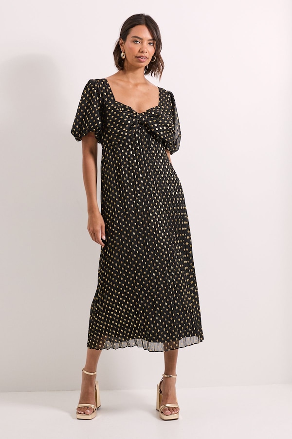 Dorothy Perkins DP Luxe Bow Front Puff Sleeve Metallic Midaxi Dress Black