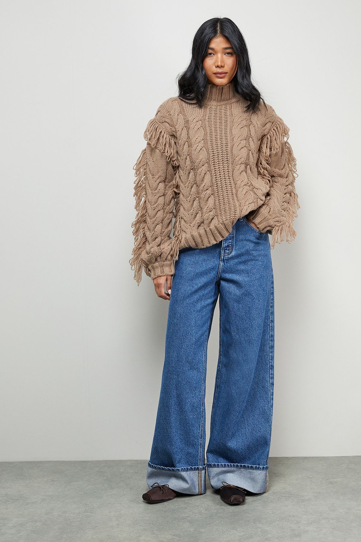 Warehouse Fringe Cross Back Cable Jumper Mocha image 2