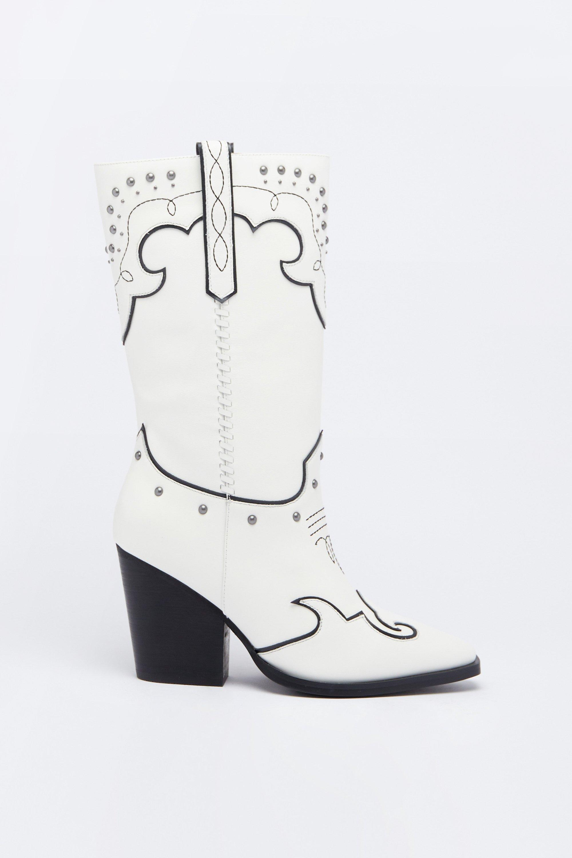 Warehouse Leather Studded Contrast Stitch Cowboy Boot White image 1