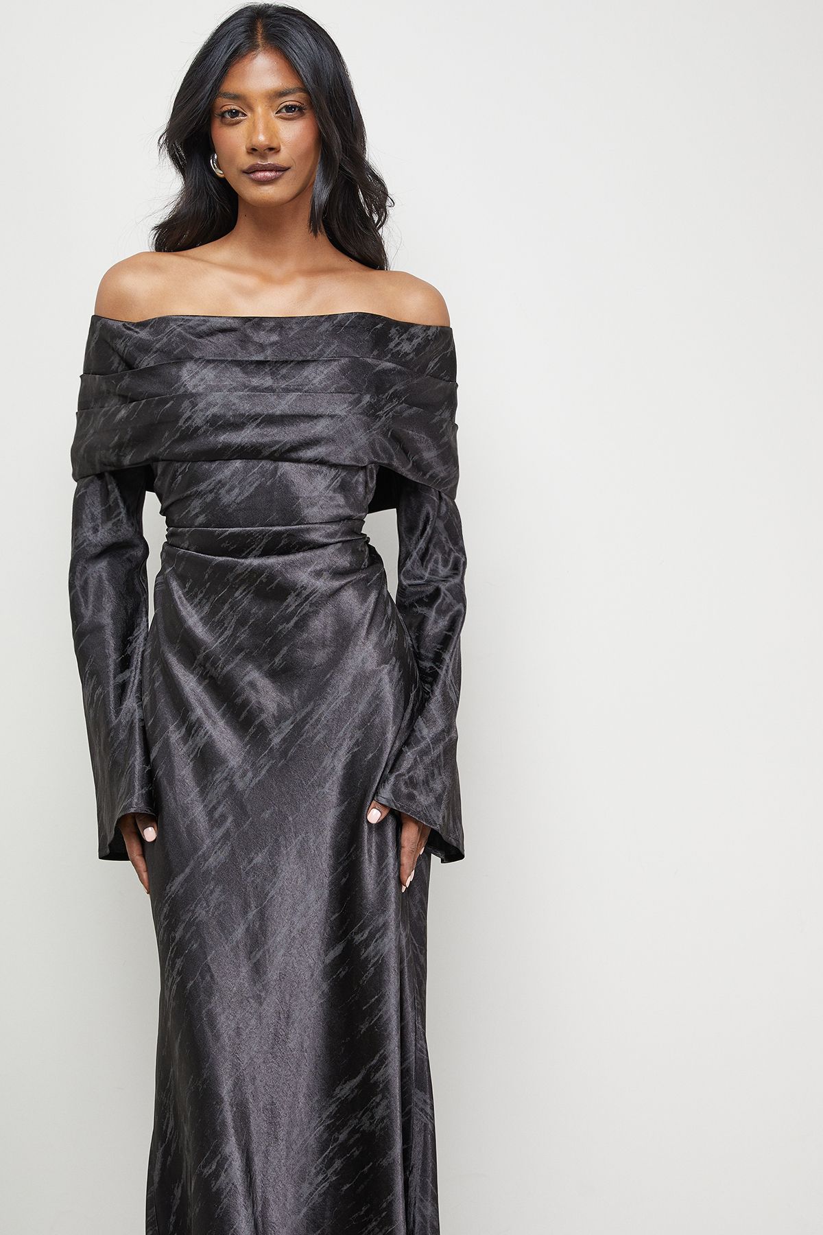 Warehouse Shimmer Satin Foldover Bardot Bias Midi Dress Black image 2
