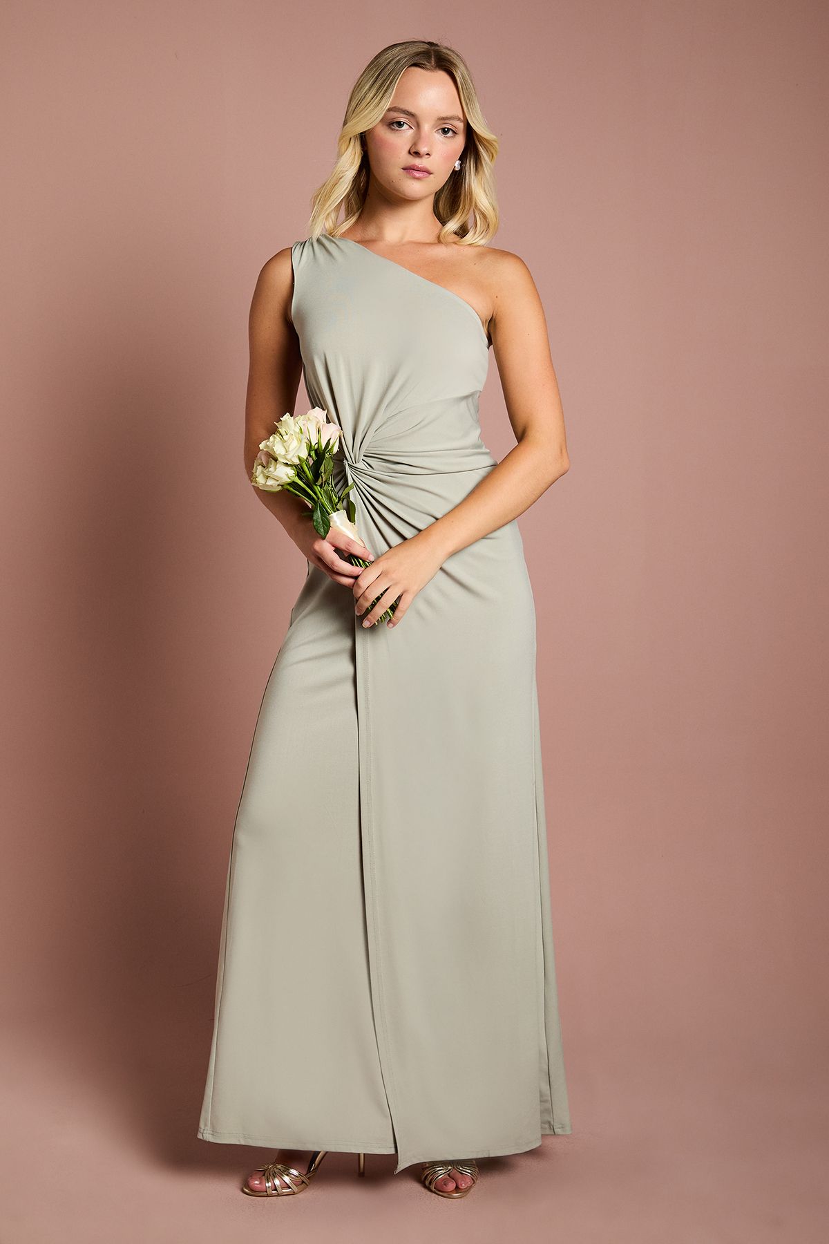 Coast Teen Coast Jersey One Shoulder Twist Detail Bridesmaid Dress Sage image 1